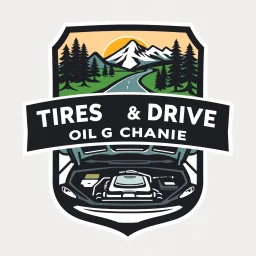 logo for a shop that installs tires and does oil changes, top has elements of beautiful park highway drive, bottom shows the engine under car hood. all inside a shield shape with squared top and rounded bottom, in the style of national parks stickers