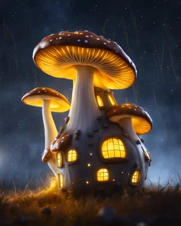 An illogically floating mushroom house on a clear night. white and white and yellow, Stars Dark cosmic interstellar. Detailed Matte Painting, deep color, fantastical, intricate detail, splash screen, hyperdetailed, insane depth, concept art, 8k resolution, trending on Artstation, Unreal Engine 5, color depth, backlit, splash art, dramatic, High Quality Whimsical Fun Imaginative Bubbly, perfect composition