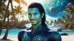 beautiful gorgeous young man na'vi with long hair, Avatar, blue skin, two small ears, green eyes, black hair, in cosmic suit, galactic ambiance, medium pointy goatee , smiling, with spaceship and planets and palm trees and clear crystaline cosmic beach in background