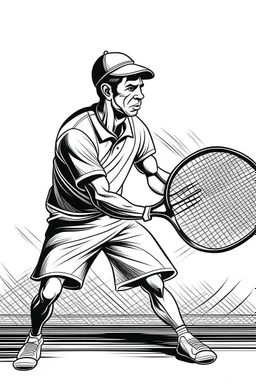 A black and white image of a classic tennis player performing a backhand swing on a grass court. Style: Vintage Photography, Mood: Timeless and Skillful, Lighting: Sunlight with soft shadows, T-shirt design graphic, vector, contour, white background.