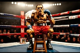 exhausted and damaged retro futuristic mecha animatronic boxer sits in the corner of a boxing ring on a stool with a towel draped over his shoulders, black eye, dents and sparking loose wires, red boxing shorts, dramatic, intricate detail, fine detail, grainy movie still reminiscent of Raging Bull