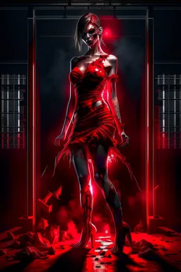 12k ultra-high-definition rendering of a zombie model in a photo studio ,The zombie, adorned in a red ripped tight dress, ripped sideways from top to bottom, long slit, shoes are fashionable platforms, big gun on side thigh, exudes a sinister aura under the studio's dark and mysterious lighting