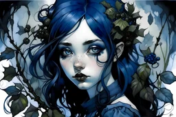 Gothic portrait of a young woman in the style of Arthur Rackham and Norman Rockwell. She has dark blackish blue hair and there are blueberry plants around her. Piercing blue eyes. Steampunk Wednesday Adams