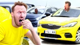 guy in hurricane arguing on phone next to his kia sportage made out of lemons