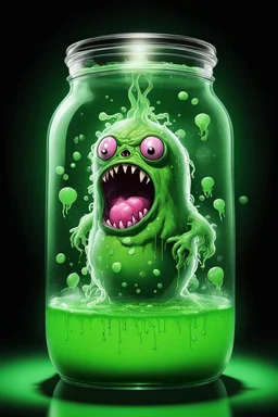 monster fetus in a giant jar with radioactivity stickers, floating in green liquid and it's alive, it's angry, in a dark laboratory