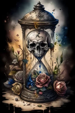 Watercolor drawing: Gothic black MULTICOLOR hourglass, black lace, pearls, black roses on a white background, trending on Artstation ::{creative commons}:: Illustration :: Color correction:: Filmic, Nikon D750, Brenizer Method, Perspective, Depth of Field, F / 2.8, Lens Flare, Tonal Colors, 8K, Full-HD, ProPhoto RGB, Perfectionism, Frame Illumination, Natural Lighting, Soft Backlight