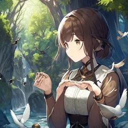 anime girl meditating pose, rock trees, birds, creek, detail on hands and detail on birds flying