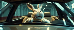 car driving happy 2d fluffy alien hippo bunny man in the style of Escher and Giger and Fallout 4, pinhole cam, airbrush 3d rendering, on tv screen:A five-second cinematic single take in a clean industrial presentation hall.