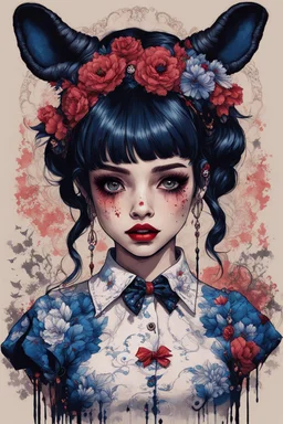 wears a smart shirt which is embroidered with bluered flowers and ornaments, has dark eyes and horns,Poster in two gradually, a one side malevolent goth vampire girl face and other side the Singer Melanie Martinez face, full body, painting by Yoji Shinkawa, darkblue and sepia tones, 90's movie , un pixel art , for a retro gaming 2D style,