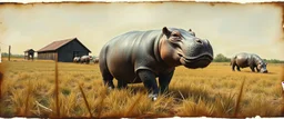 airbrush and pen outline, close up on hippo badger farm , pinhole cam, airbrush 3d rendering, in the style of Titian and Rembrandt , torn edges on border
