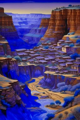 A violet village near a canyon designed in Navajo woven art painted by Guo Xi