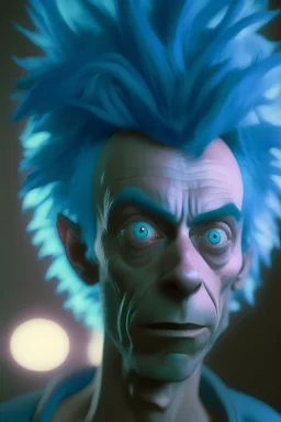 Rick from rick and morty as a real person, blue hair, dramatic lighting, octane render