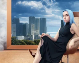 Billie Eilish, sitting on a chair, Black Short Dress, high detail, realistic, 8k