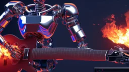 4K, robot-style terminator playing guitar in a burning radio studio.