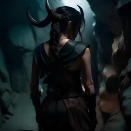 a beautiful tiefling woman with dark hair in a sleeveless battle outfit, seen from the back, at the edge of a precipice in a cave, ready to jump, photo quality, dark colors