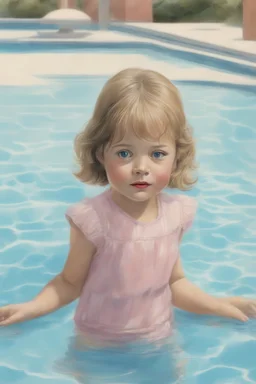 Illustration of actress jodie foster as a toddler, at the swimming pool, style of Marcel Marlier, pastel colors