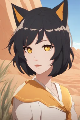 Woman with short, black hair and cat ears. vivid gold eyes, tight shirt, short shorts,smirking, desert background, RWBY animation style