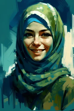 A painting of a smiling beautiful Urdu moslem woman with long dark blue and light green hijab, 22 years old, beautiful big , symmetrical eyes, blond hair, painterly style, detailed, 8k, by Ashley Wood. –ar 2:3 –stop 80 –uplight