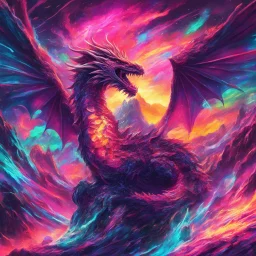 Dragon in a vibrant synthwave dreamscape, neon chaos swirling energetically around pixelated forms, a dynamic fusion of retro gaming nostalgia and futuristic abstraction