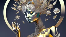 figure of a woman, art from the "art of control" collection by Jasper Harvey, in the style of futuristic optics, silver and gold, flower, bird, plant branches, detailed facial features, swirling vortices, 8k 3d, bizarre cyborgs made of crystals, high detail, high resolution, 8K