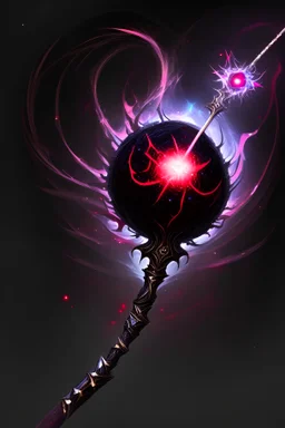 A sorceress evil staff that is a mix colors of red and black crystals and sharp edges, with black aura swirling around it, a black universe color orb ontop of the staff