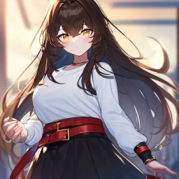 Clear focus, High resolution, rough line art, cute, cartoon, long greyish brown hair, fluffy, long bangs, wearing a white shirt with two grey lines going down, wearing a red belt with a yellow chain on the belt, wearing a black skirt with yellow dots going around it, black sleeves with a yellow strap on each arm