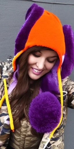 Brunette taking selfie.thick thighs,thick calves,flat belly,curvy fell. big head. Mantle is sewed of upcycled Denim and sewed together of camouflage pieces. Pieces' color are orange, cream and purple. It is with big bright purple felt tippet and birght-colored-hood is merged with colorful beanie. Big colored headphones (gold rings!) is merged with small felt cap with small visor. Style: Haute Couture in 1950's Africa, N.Y.C fashion in 2023