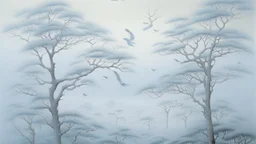 A pale bluish white foggy treetops with birds painted by Peter Carl Faberge