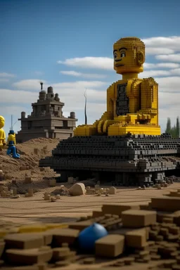 far in the future, a gigantic stature of a lego sits among ruins of buildings. time has weathered the landscape for thousands of years. a small makeshift camp with people can be seen contrasting the massive statue.