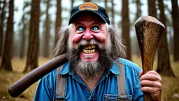 Highly stylized, group 64k Ultra High Definition photography featuring elderly chubby drunk stoned crazy lost their minds kentucky hill billy farmers , with exaggerated facial features wearing a cap, including large, extra wide eyes, a broad grin with rotten holed teeth, and long wild beard, spiky grey and black hair. The character has a pale skin tone and is dressed in a tattered blueoveralls outfit . Hunting a white tail buck in a forrest while holding a spiked baseball bat --ar 9:16--style ra