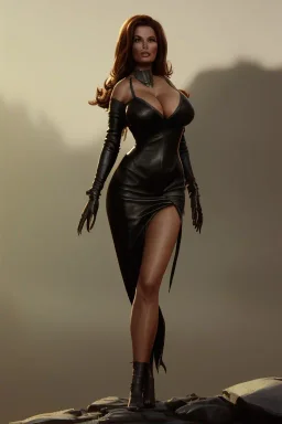 Raquel Welch in a black leather gown, evil, femme fatale, leather, busty, cleavage, angry, stern look. character design by cory loftis, fenghua zhong, ryohei hase, ismail inceoglu and ruan jia. unreal engine 5, artistic lighting, highly detailed, photorealistic, fantasy