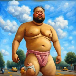 a fat man sleeps in a street in a taxi oil painting