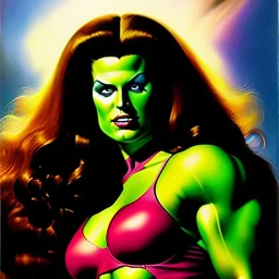 portrait oil on canvas,She-Hulk,comic book cover, mystical colors,insanely detailed,realistic,intrincate detail, 16k resolution, masterpiece,Frank Frazetta,Alex Horley, Simon Bisley.