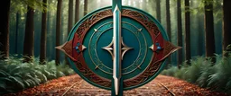 High-end hyperrealism symmetrical ARD logo ((logo ARD)) sword shape, inspired cinematic photography, symmetry forest alley background, Aesthetic combination of sage green and blue metallic and honey red, Vintage style with brown pure leather accents, Art Nouveau visuals with Octane Render 3D tech, Ultra-High-Definition (UHD) cinematic character rendering, Detailed close-ups capturing intricate beauty, Aim for hyper-detailed 8K