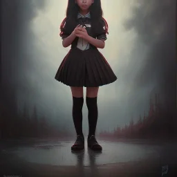 Jenna ortega as wednesday with black school uniform, seifuku, pleated dress, overknee socks, painted by artgerm and tom bagshaw, fantasy art, dramatic lighting, highly detailed oil painting, volumetric lighting