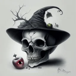 Realistic drawing of a Skull with a Witch hat, Skull has ghost eyes and is eating from a poison apple.