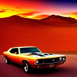 muscle car, desert road, sunset, full colour