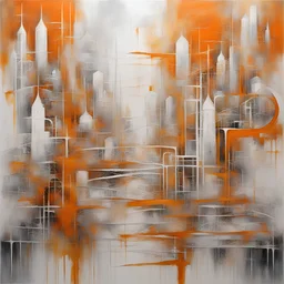 The painting is an abstraction of a very old city of gold,white, orange and silver lines with the letters F and D