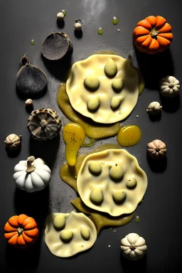 Cooking photo of wet Raviolis with truffle and pumpkin flying, minimal, olive oil, moisture, art, natural, ornaments, ceramic, marble, high kitchen, smooth, god rays, unreal engine 5, ray tracing, RTX, lumen lighting, ultra detail, volumetric lighting, 3d.