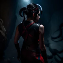 a beautiful tiefling woman with dark hairand tiefling horns in a sleeveless battle outfit, seen from the back, at the edge of a precipice in the dark, ready to jump, photo quality, dark colors