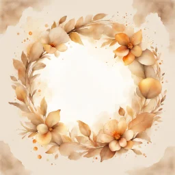 Hyper Realistic Beige small-watercolor-FloralCircular-Frame With Glowing Golden Embers On Off-White Grunge Background.