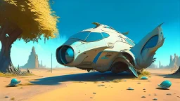Small, sleek cargo spaceship, built like a teardrop, landing in an empty ruined alien street, blue sky, foliage