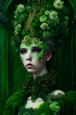 Beautiful young faced baroque lady, adorned with moss covered baroque floral headdress ribbed with miniature green gems and baroque buildings, wearing baroque style costume floral. Ornate and beautiful baroque jewellry organic bio spinal ribbed detail of baroque abandoned moss covered garden background filigree decadent goth floral extremely detailed hyperrealistic maximálist concept art