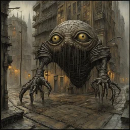 massive surreal biomechanical golem eyes sewn shut with extended limbs crashing through a city's streets damaging buildings and road, heavy chains crisscoss its body dragging barred windows, nighttime in a windy rainstorm, by Jean Baptiste Monge, by H.R. Giger, fantastic art, dramatic, kinetic, eerie dark primary colors, matte oil painting, intricate complex detail, twisted surreal mindbending art.