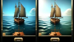 **Game UI: Boat Sailing** * **Layout:** Split screen (top 3/4: game world, bottom 1/4: controls) * **Game World:** Stylized sailboat (single mast, billowing sail), ocean environment (waves, horizon), optional obstacles. Subtle wind direction indicator. * **Controls:** * Rudder Crank Wheel (large wooden wheel) * Two ropes on sail (Mainbrace): Left rope pulls (incr