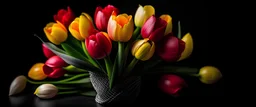Tulips bouquet with yellow and red colorful flowers. Present for March 8, International Women's Day. Holiday spring decor. Photographed on Canon EOS 5D Mark III
