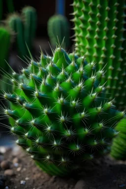 A single cactus with black and bright green thorns