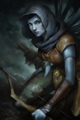 female, blue skin, yellow eyes, spider legs behind back, brown leather armor, holding bow, quiver of arrows, hood, black hair