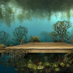 underwater scene with wood bridge, trees, forest submerged underwater, school of fish, 8k Resolution, Fine-Detail, High-Quality, Intricate, Detailed Matte, 3d Octane Render, Beautiful, Stunning, Brian Froud, Selina French, Howard Lyon, Greg Rutowski, Annie Dittman, Annie Stokes