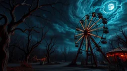 In the depths of a mystical, abandoned carnival, a lone, glowing Ferris wheel stands as a sentinel, its seats empty and its lights flickering with an otherworldly energy, surrounded by twisted, gnarled trees and overgrown with a tangle of vines, as if nature itself is reclaiming the forgotten dreams and desires of those who once rode its cars, under a midnight sky where stars and moonlight dance in a swirling vortex of color and light, with an air of melancholy and longing hanging heavy over the